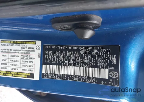 2010 Toyota Corolla Le z USA, uszkodzony, nr VIN 2T1BU4EE3AC226503